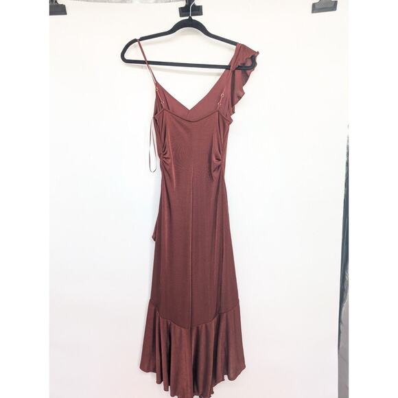 NWT By Anthropologie One-Shoulder Ruffled High-Low Midi Dress Sz XS Wine #8F504 - Picture 5 of 10